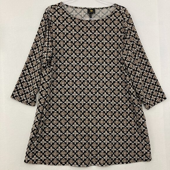 JM Collection size 1X brown black Geometric Abstract Stretch Knit Blouse Office - Picture 1 of 11